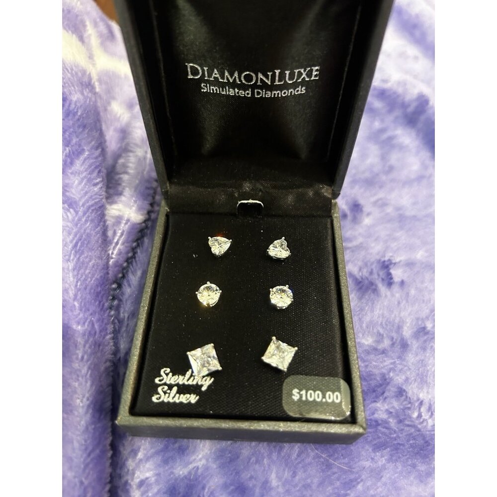 Diamonluxe Sterling Silver Stud Earring Set Simulated Diamond Heart Round Square